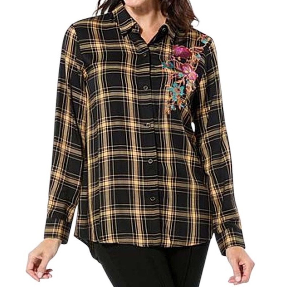 IMAN Plaid Button Down Shirt Embroidered Floral Long‎ Sleeve Blouse Size 1X